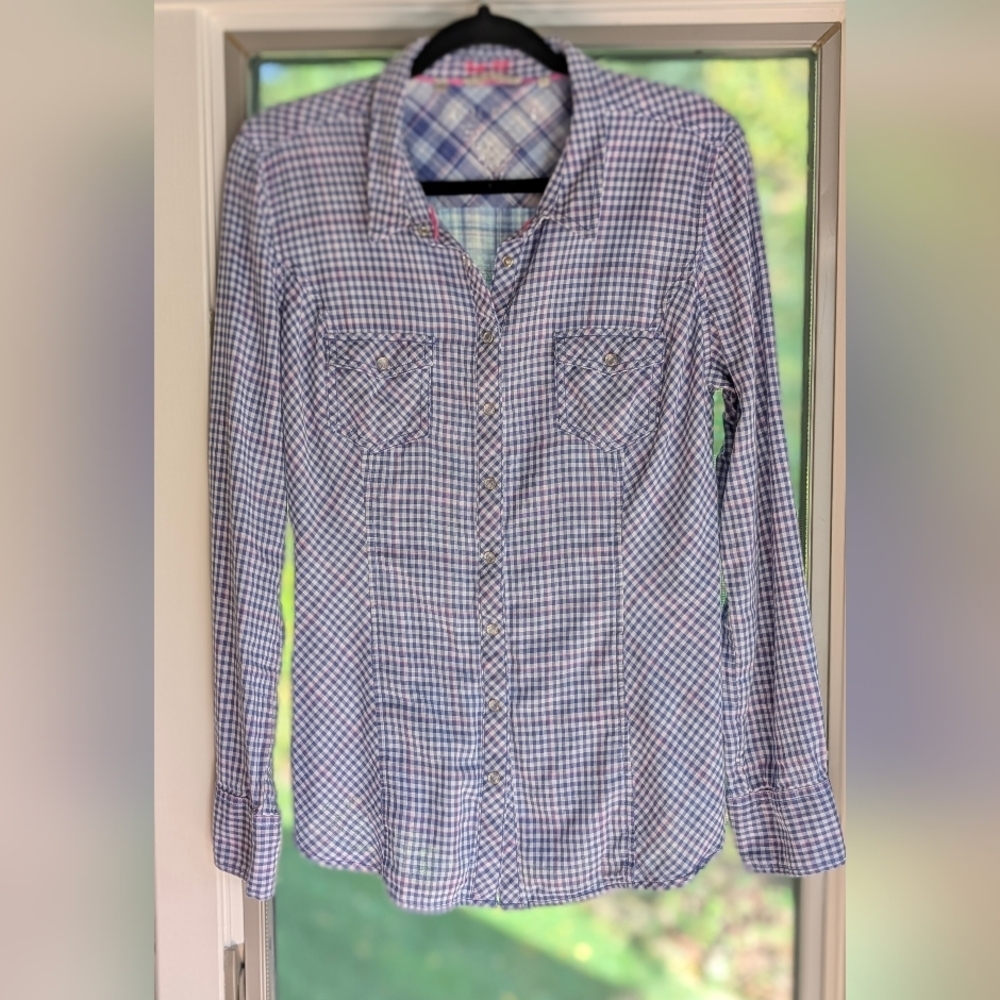 VINTAGE Guess Plaid Snap Button Up Est 1981 Sleeve Top Sz L
